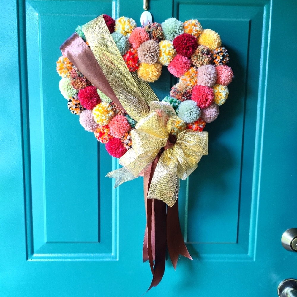 Handmade Boho Fall Colors Heart Pom Pom Door / Wall Wreath